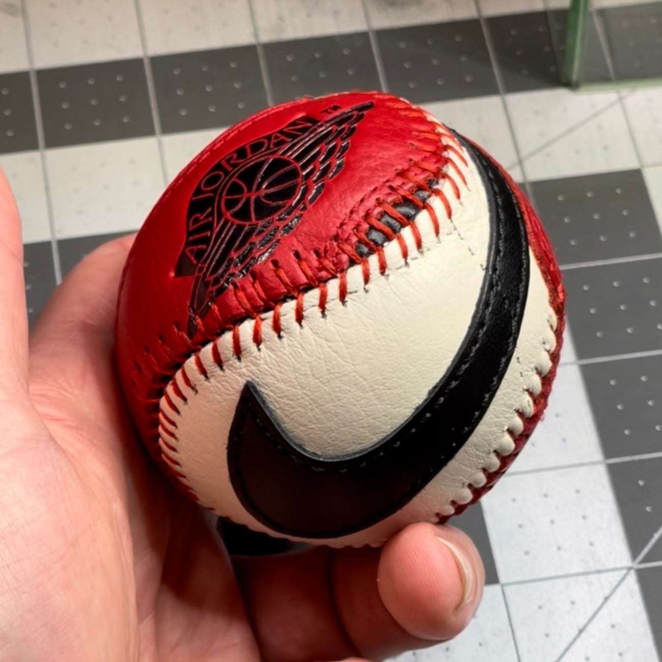 Upcycled AJ1 Bred Toe Baseball w/ Display